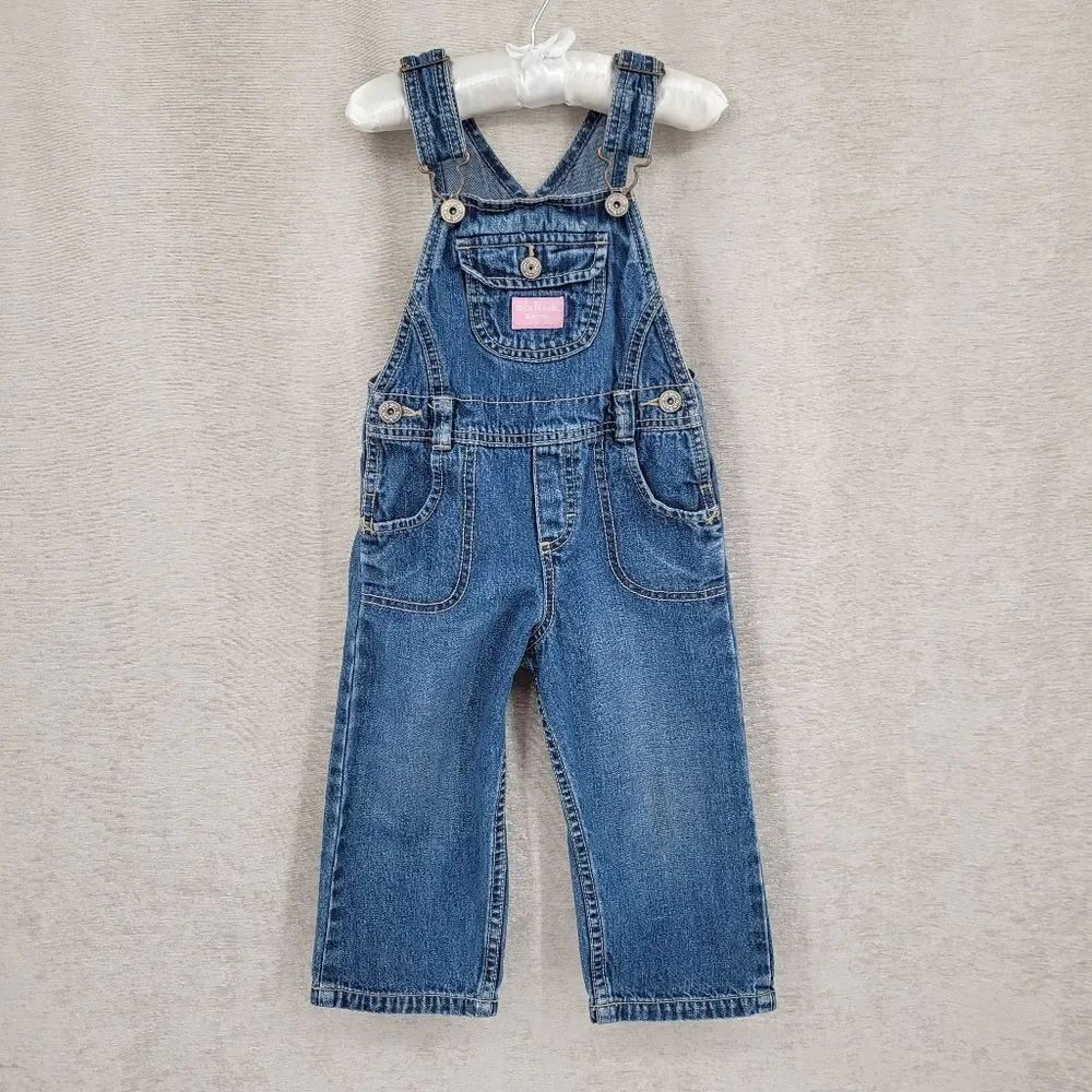 Oshkosh Vestbak Denim Blue Jean Kids Overalls Girls Pink Accents Size 2T